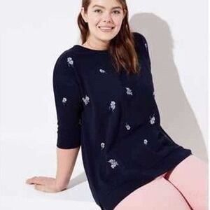 Loft Navy Blue Floral Embroidered Cotton Sweatshirt 3/4 Sleeve Size Medium